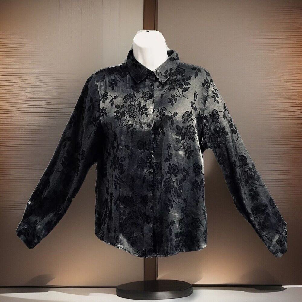 KATHIE LEE Blouse Womens M Semi Sheer BLACK-PEWTER  ROSE FLORAL SHIMMERING L/SLV